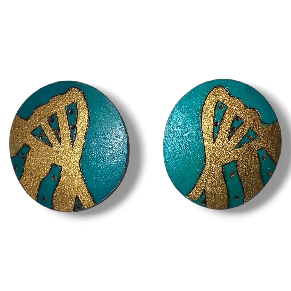Vintage 80s Wood Disc Clip‎ Earrings Teal Gold Painted Large Statement Retro